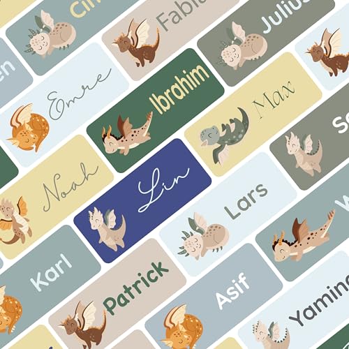 Namensaufkleber Set für Kinder in der Schule (150 Stück), Personalisierte Namensetiketten für Schulsachen, waschmaschinenfest (Dragon Peppermint) von Petite Print