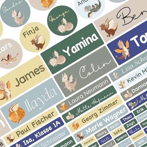 Namensaufkleber Set für Kinder in der Schule (150 Stück), Personalisierte Namensetiketten für Schulsachen, waschmaschinenfest (Dragon Peppermint) von Petite Print