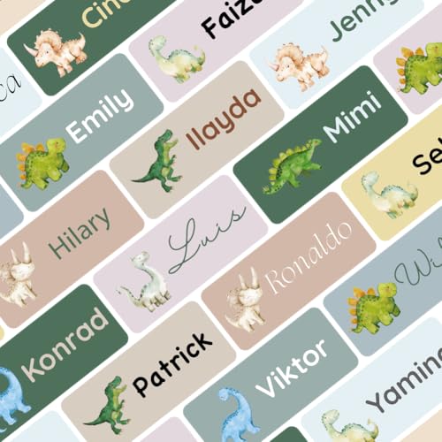 Namensaufkleber Set für Kinder in der Schule (225 Stück), Personalisierte Namensetiketten für Schulsachen, waschmaschinenfest (Dinosaurs Greenery) von Petite Print
