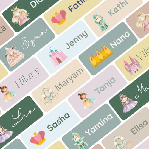 Namensaufkleber Set für Kinder in der Schule (225 Stück), Personalisierte Namensetiketten für Schulsachen, waschmaschinenfest (Prinzessinnen) von Petite Print