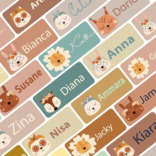 Namensaufkleber Set für Kinder in der Schule (225 Stück), Personalisierte Namensetiketten für Schulsachen, waschmaschinenfest (Retro Animal Faces) von Petite Print