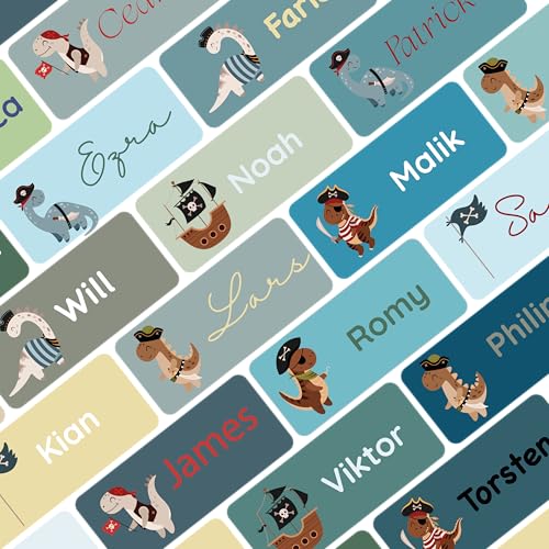 Namensaufkleber Set für Kinder in der Schule (75 Stück), Personalisierte Namensetiketten für Schulsachen, waschmaschinenfest (Dino Piraten Seagreen) von Petite Print
