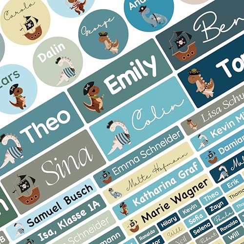 Namensaufkleber Set für Kinder in der Schule (75 Stück), Personalisierte Namensetiketten für Schulsachen, waschmaschinenfest (Dino Piraten Seagreen) von Petite Print