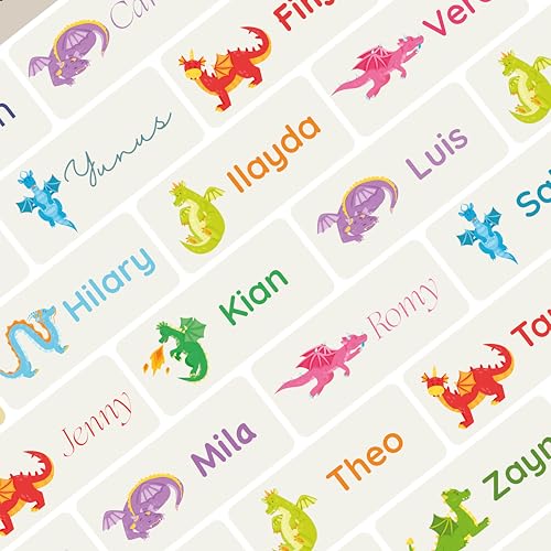 Namensaufkleber Set für Kinder in der Schule (75 Stück), Personalisierte Namensetiketten für Schulsachen, waschmaschinenfest (Dragon) von Petite Print