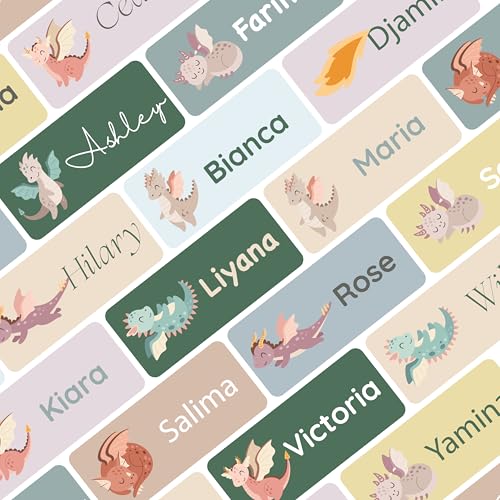 Namensaufkleber Set für Kinder in der Schule (75 Stück), Personalisierte Namensetiketten für Schulsachen, waschmaschinenfest (Dragon Yellow Mellow) von Petite Print