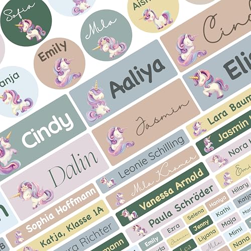 Namensaufkleber Set für Kinder in der Schule (75 Stück), Personalisierte Namensetiketten für Schulsachen, waschmaschinenfest (Einhorn) von Petite Print