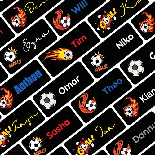 Namensaufkleber Set für Kinder in der Schule (75 Stück), Personalisierte Namensetiketten für Schulsachen, waschmaschinenfest (Fußball Flamme) von Petite Print