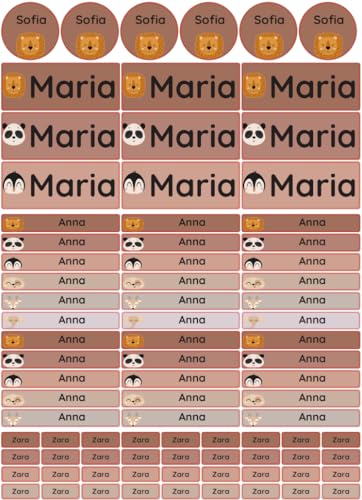 Petite Print® Namensaufkleber Set für Kinder in der Schule (225 Stück), Personalisierte Namensetiketten für Schulsachen, waschmaschinenfest (Cute Animals Face - Tuscany Rose) von Petite Print