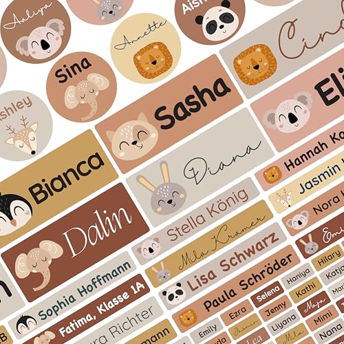 Petite Print® Namensaufkleber Set für Kinder in der Schule (225 Stück), Personalisierte Namensetiketten für Schulsachen, waschmaschinenfest (Cute Animals Face - Tuscany Rose) von Petite Print