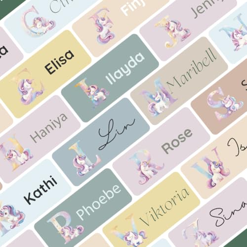 Petite Print® Namensaufkleber für Kinder (225 Stück), Schule, Kindergarten, Kleidung & Gegenstände, Namensetiketten personalisiert mit Namen und waschmaschinenfest (Einhorn Alphabet) von Petite Print