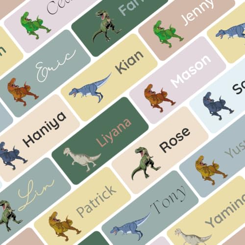 Petite Print® Namensaufkleber für Kinder (150 Stück), Schule, Kindergarten, Kleidung & Gegenstände, Namensetiketten personalisiert mit Namen und waschmaschinenfest (Dino TRex) von Petite Print