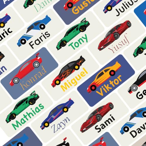Petite Print® Schuhaufkleber Kinder (15 Stück) – Personalisiert mit Namen – Namenssticker für Schuhe – Für Kita, Schule & Sport – Wasserfest & waschmaschinenfest (Sports Car) von Petite Print