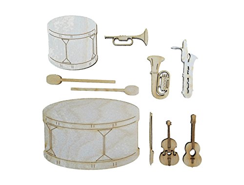 Petra's Bastel News 14-teiliges Holzset Musikinstrumente bestehend aus 7 verschiedenen Designs (Gitarre, Tuba, Geige, Trompete, Pauke, Trommel und Saxophon), Holz, 15x15x5 cm von Petra's Bastel News