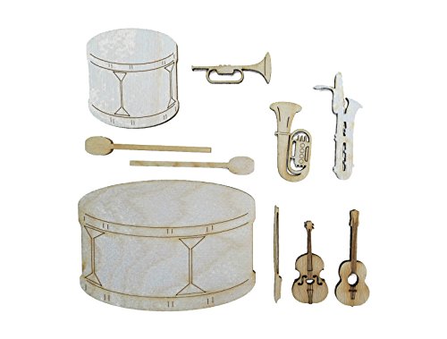 Petra's Bastel-News 14-teiliges Holzset Musikinstrumente bestehend aus 7 verschiedenen Designs (Gitarre, Tuba, Geige, Trompete, Pauke, Trommel und Saxophon), Holz, 15x15x5 cm von Petra's Bastel News