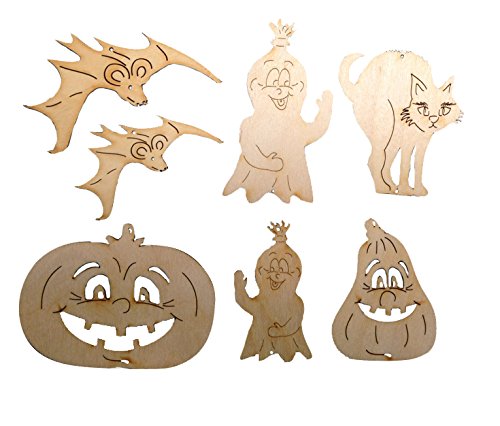 Petra's Bastel News 7-teiliges Holzset Halloween bestehend aus 5 verschiedenen Designs, Fledermaus, Geist und Katze, Holz, Natur, 28 x 19 x 5.5 cm von Petra's Bastel News