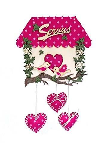 Petra's Bastel-News Bastelset Haus Servus mit 3 Herzen inkl. Filz-und Holzteile, Füllwatte, Kleber, Stopfnadel und Band Farbe: pink, Holz, 28 x 19 x 5.5 cm von Petra's Bastel News