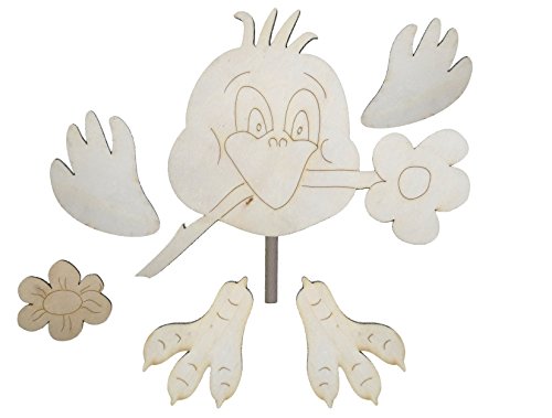 Petra's Bastel-News Kükenkopf mit Blume im Schnabel 190 mm mit 2 Flügel und 2 Füße inkl (Ø 10mm 200 mm lang) und Befestigung für Rundstab Holz, 19x24x5 cm von Petra's Bastel News