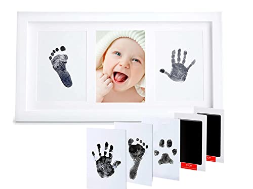 PewinGo Fußabdruck Baby Set,Handabdruck Baby Set mit 2 Tintenlos Fußabdruck Stempelkissen Baby und Elegant Hölzern Baby Bilderrahmen-Sinnvolle Baby Geschenke zur Neugeboren, Babyparty von PewinGo