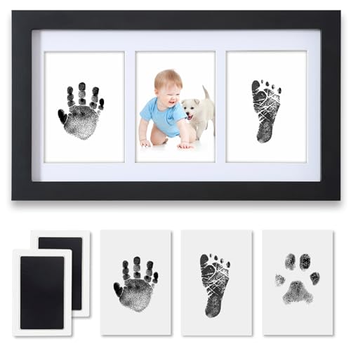 PewinGo Fußabdruck Baby Set,Handabdruck Baby Set mit 2 Tintenlos Fußabdruck Stempelkissen Baby und Elegant Hölzern Baby Bilderrahmen-Sinnvolle Baby Geschenke zur Neugeboren, Babyparty-Schwarz von PewinGo