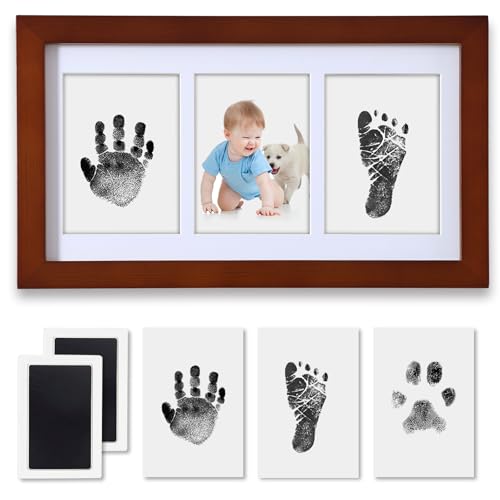 PewinGo Fußabdruck Baby Set,Handabdruck Baby Set mit 2 Tintenlos Fußabdruck Stempelkissen Baby und Elegant Hölzern Baby Bilderrahmen-Sinnvolle Baby Geschenke zur Neugeboren, Babyparty-Wlunt von PewinGo