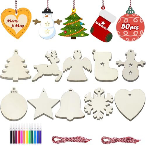 Pextian 50 Stück Hölzerne Weihnachtsbaumdekoration, 10 Stile Unbehandeltes Holz mit Stift, Edelstein- und Sternaufklebern, baumschmuck weihnachten für Kinder Pextian 50 Stück Hölzerne Weihnachtsbaumdekoration, 10 Stile Unbehandeltes Holz mit Stift, Edelstein- und Sternaufklebern, baumschmuck weihnachten für Kinder von Pextian