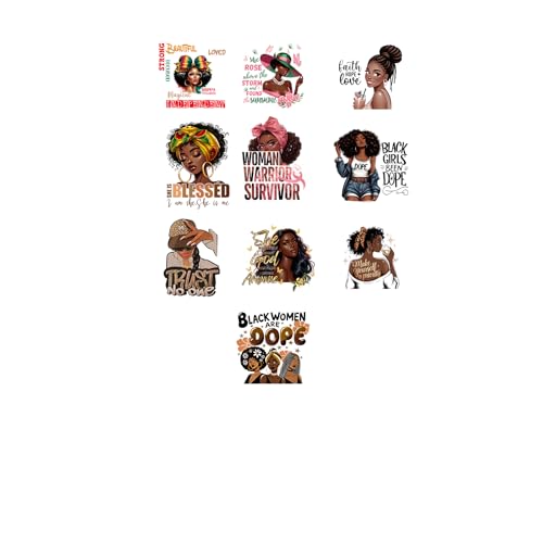 10 x schwarze Mädchen-Power-Bügelbilder, Fettdruck, Wärmetransfer-Vinyl-Aufkleber für T-Shirts, Tanks und Mützen – inspirierende Afro-Frau, DIY-Dekoration 10 x schwarze Mädchen-Power-Bügelbilder, Fettdruck, Wärmetransfer-Vinyl-Aufkleber für T-Shirts, Tanks und Mützen – inspirierende Afro-Frau, DIY-Dekoration von Peyastiie