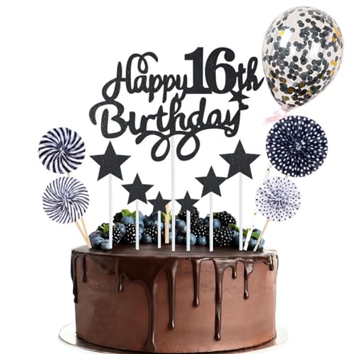 16th Geburtstag Tortendeko, Birthday Party Decorations, Junge Mädchen Kuchendeko, Geburtstag Deko, Konfetti Geburtstag Ballon, Schwarz Tortendeko von Peysaitr