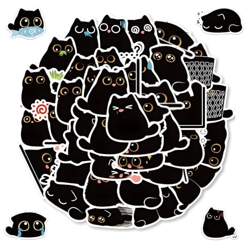 40 Stück Nette Katze Aufkleber, Schwarze Katze Aufkleber für Laptop, Kawaii Tier Aufkleber Set, wasserdichte Vinyl Sticker, für Scrapbook,Skateboard,Auto,Gepäck von Peysaitr