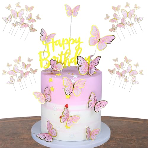 40 Stück Schmetterlings-Cupcake-Topper, rosa Schmetterling-Kuchendekorationen, 3D-Schmetterlings-Cupcake-Topper, für Party-Dekorationen (Rosa) von Peysaitr