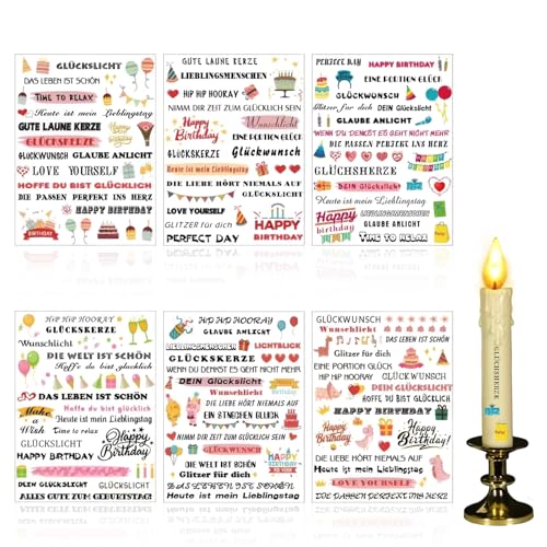 6 Stück Geburtstag Kerzenfolie, Rub on Sticker Kerzentattoos, 19x14cm-Großformat Geburtstag Transfers, Kerzen dekorieren mit Birthday Sprüche, für Möbel Glas Holz DIY Deko von Peysaitr