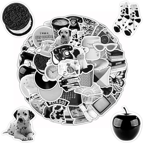60 Stück Vintage Aufkleber, Wasserfeste Vinyl Sticker, Aesthetic Sticker, für DIY Basteln Deko,Wasserflaschen, Scrapbooking, Laptops, Handyhüllen(Schwarz Weiß) von Peysaitr