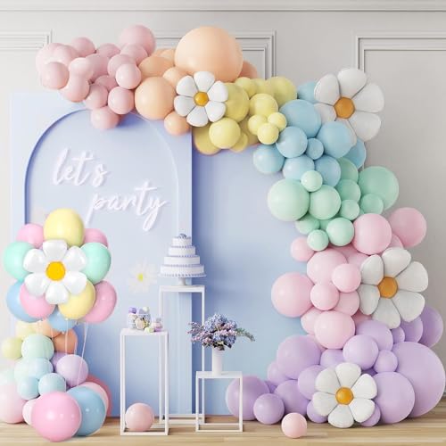 Luftballon Girlande Kit, 156 PCS Gänseblümchen Blume Pastell Ballons Girlande für Babyparty, Mädchen-Geburtstagsparty-Dekoration (Mit 100 Stück Ballonspender und eine Ballonkette） von Peysaitr