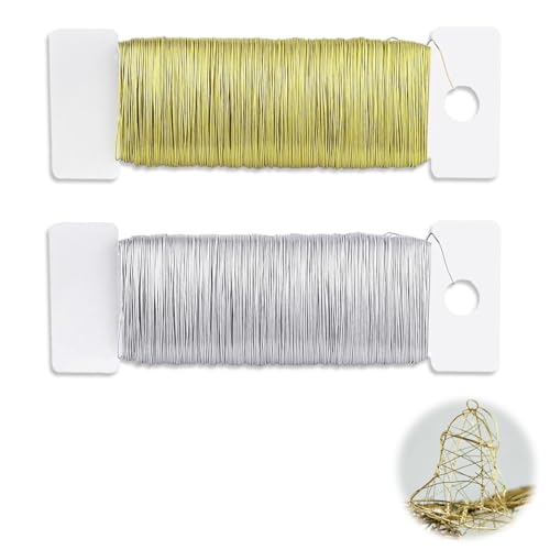 Ø 0,35 mm Basteldraht Dünn, 2 Rollen Schmuck-Häkeldraht, 50 m Blumendraht, Schmuckdraht Wickeldraht, für Karneval Deko Handwerk Pflanzen Blumen (Gold, Silber) von Peysaitr