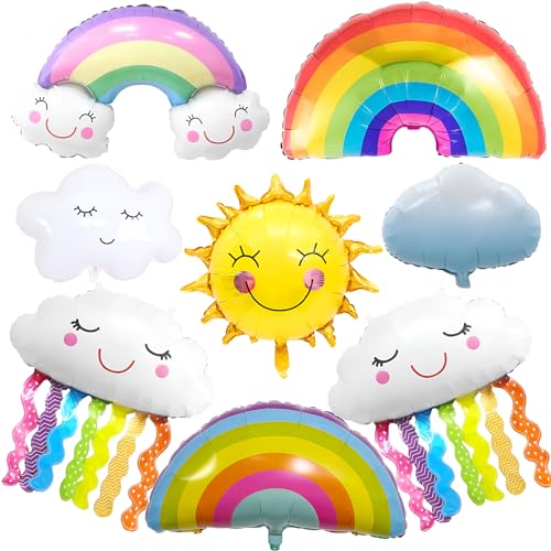 Regenbogen Folienballon Deko kindergeburtstag, 8 Stück Lächelnde Wolkenförmige Sonne Regenbogen Folienballon Luftballons Set, für Geburtstag Party Deko, Baby Shower Jubiläum Party von Peysaitr