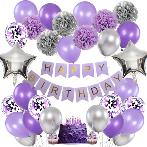 Violett-silberfarbene Party-Dekorationen, Happy Birthday-Banner, Papier-Pompon-Ballon-Girlande, Lavendel-Partyzubehör, violettes Ballon-Set für Geburtstagsparty Violett-silberfarbene Party-Dekorationen, Happy Birthday-Banner, Papier-Pompon-Ballon-Girlande, Lavendel-Partyzubehör, violettes Ballon-Set für Geburtstagsparty von Peysaitr