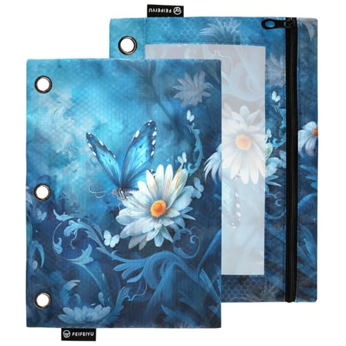 Federmäppchen für 3-Ringordner, schöne Gänseblümchen, blaue Schmetterlinge, transparentes Fenster, Reißverschluss, Aufbewahrungsbox für Schule, Studenten, Klassenzimmer, Büro, Kosmetik-Organizer, 2 von Peystean
