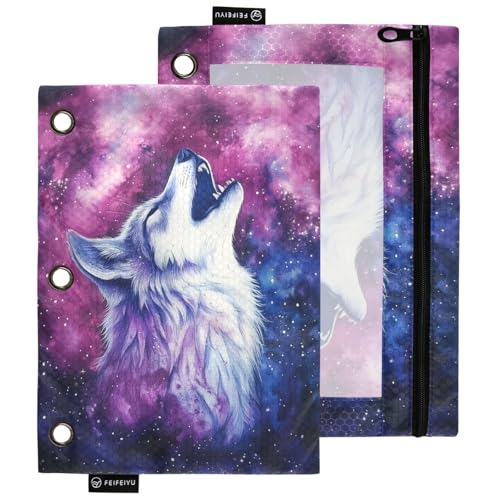 Niedliche Stiftebeutel für 3-Ringbinder, Galaxie, Weltraum, heulender Wolf, transparentes Fenster, Reißverschluss, Aufbewahrungsbox für Jungen, Mädchen, Studenten, Klassenzimmer, Büro von Peystean
