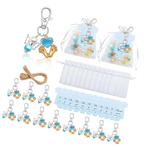24 Stück Engels-Baby-Fußabdruck-Schlüsselanhänger für Dusche, Partyzubehör mit Organzas-Taschen und Dankeskarten von Pffiocix