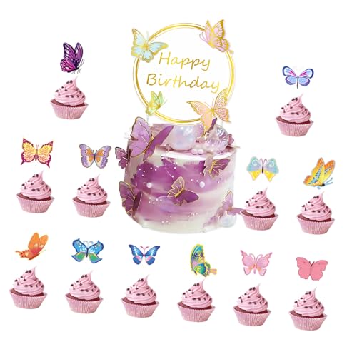 Schmetterlings-Banner, Kuchendekorationsset, Schmetterlings-Kuchenaufsätze, bunte hängende Wirbel, geeignet für Feiertage, Feiern von Pffiocix