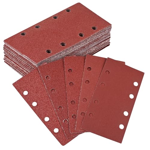Pfloge® 50 Stück Schleifpapier 93 x 185mm Klett, Schleifscheiben 8 Loch, 10 Stück 40/60/80/120/240 Körnung, für Rechteckschleifer, Optimales Schleifen von Pfloge