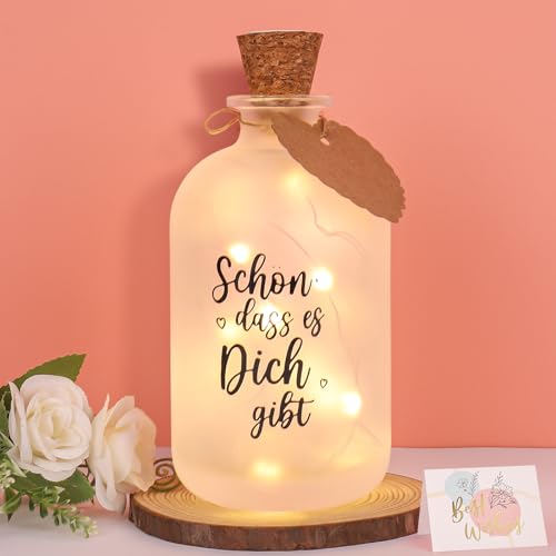 Pfloge® LED Flaschenlicht mit Spruch Schön, dass es Dich gibt, Beleuchtete Dekoflasche mit lichterkette, leuchtflasche mit Grußkarten, Geschenke für frauen Freundin, Geburtstagsgeschenk, Hochzeit von Pfloge