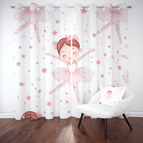 Pggong Blickdichte Vorhänge Niedlich Mädchen Ballett Rosa Verdunklungsvorhänge mit Ösen Karikatur Sterne Sternenhimmel Thermovorhang Gardinen 160x70 cm 2er Set Wohnzimmer Schlafzimmer Kinderzimmer von Pggong