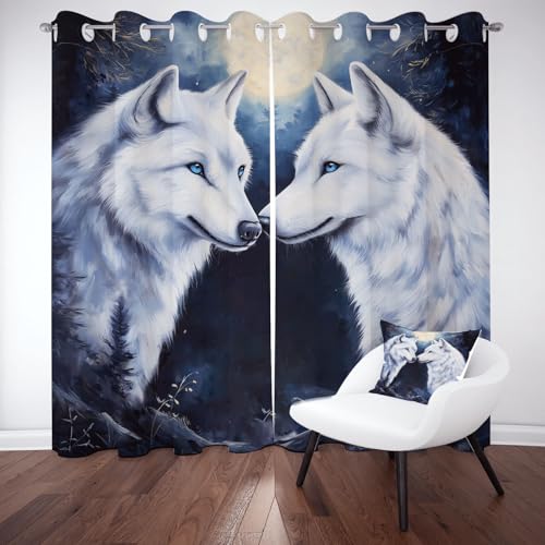 Weißer Wolf Muster Ösenvorhang, Vollmond Wildtier Gardinen Thermovorhang, Prärie Tiermuster Vorhang Verdunklungsvorhänge 2er Set für Kinderzimmer Schlafzimmer, H183 x B117 cm von Pggong