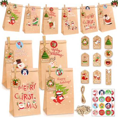 Phantasy® Adventskalender zum Befüllen, 24 Weihnachtskalender Geschenk Papiertüten DIY Advents Kraftpapiertüten Selbstbefüllen zum selbst füllen, 2023 Tüten Adventskalender Säckchen Weihnachtsdeko-16 von Phantasy