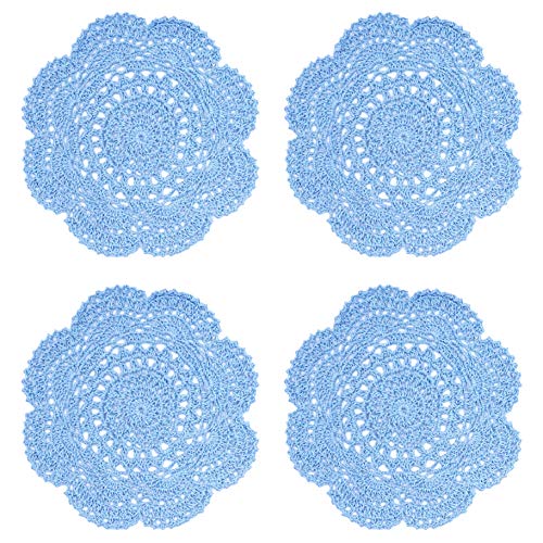 Phantomon 20,3 cm große Deckchen, gehäkelt, runde Spitzendeckchen, handgefertigt, 100 % Baumwolle, gehäkelte Untersetzer, 4 Stück (blau) von Phantomon