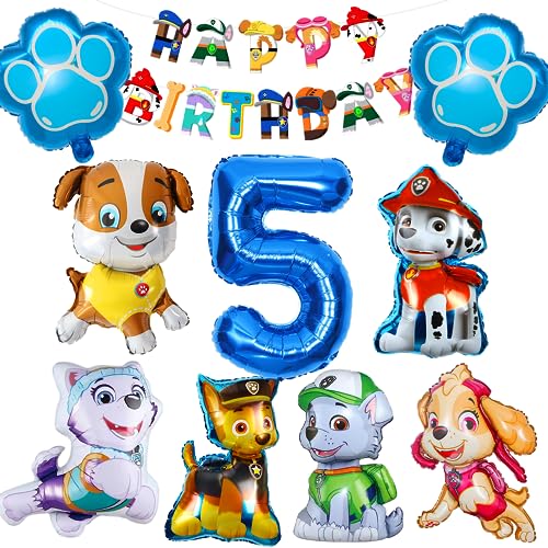 Geburtstag Luftballons Hund, 10 Stück Folienballons Tier Hund Kit, XXL Zahl 5 Ballon Blau, 6 Geformte Folienballons Hund, Hundepfote Folienballons, fur Theme Party Supplies, Kindergeburtstag Deko von Philoctes