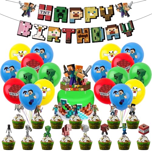 Geburtstagsdeko Spiel Jungen, Gamer Spielthema Geburtstag Party Deko, Happy Birthday Dekoration Banner, Pixel Kindergeburtstag Deko mit Farbige Luftballons Cupcake Topper von Philoctes