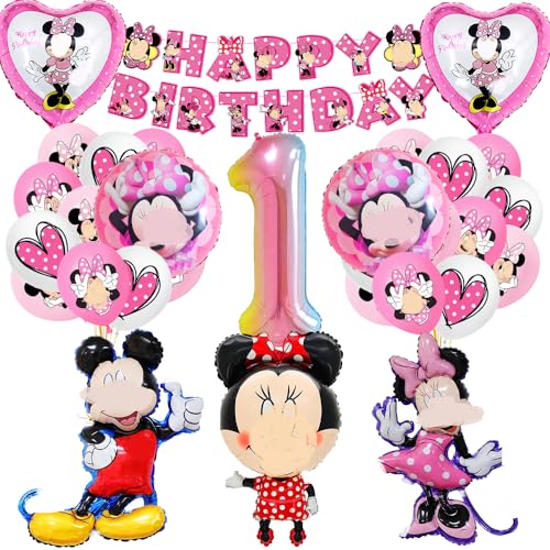 Luftballons Geburtstag Kinder, Geburtstagsdeko 1 jahre Mädchen, Rosa Luftballons 1. Geburtstag, Maus-Folienballons mit Rosa Latex Luftballons, Themed Geburtstag Party Supplies von Philoctes