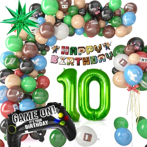 Pixel Luftballon Geburtstagsdeko 10 Jahre, 81 Stück Miner Kindergeburtstag Gamer Party Deko, Happy Birthday Banner Gamer Folienballon Spiel Luftballon Geburtstag Deko für Jungen Kinder von Philoctes