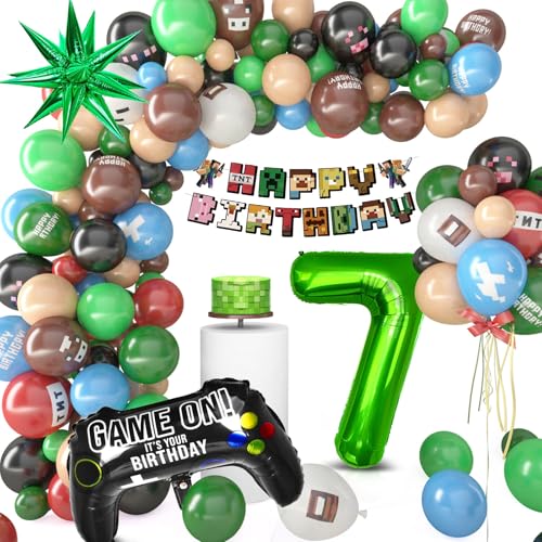 Pixel Luftballon Geburtstagsdeko 7 Jahre, 81 Stück Miner Kindergeburtstag Gamer Party Deko, Happy Birthday Banner Gamer Folienballon Spiel Luftballon Geburtstag Deko für Jungen Kinder von Philoctes